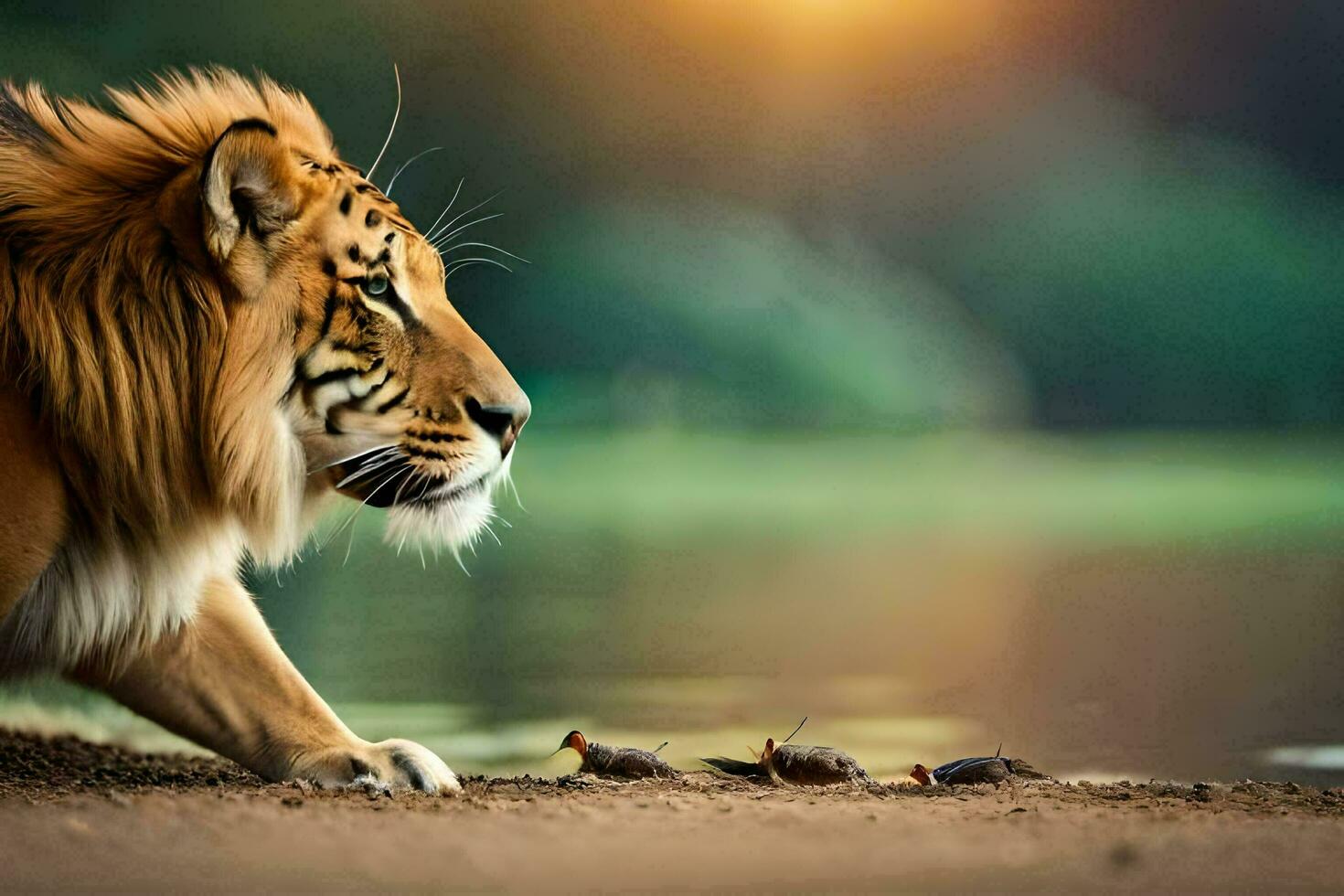a tiger walking on the ground near a lake. AI-Generated photo