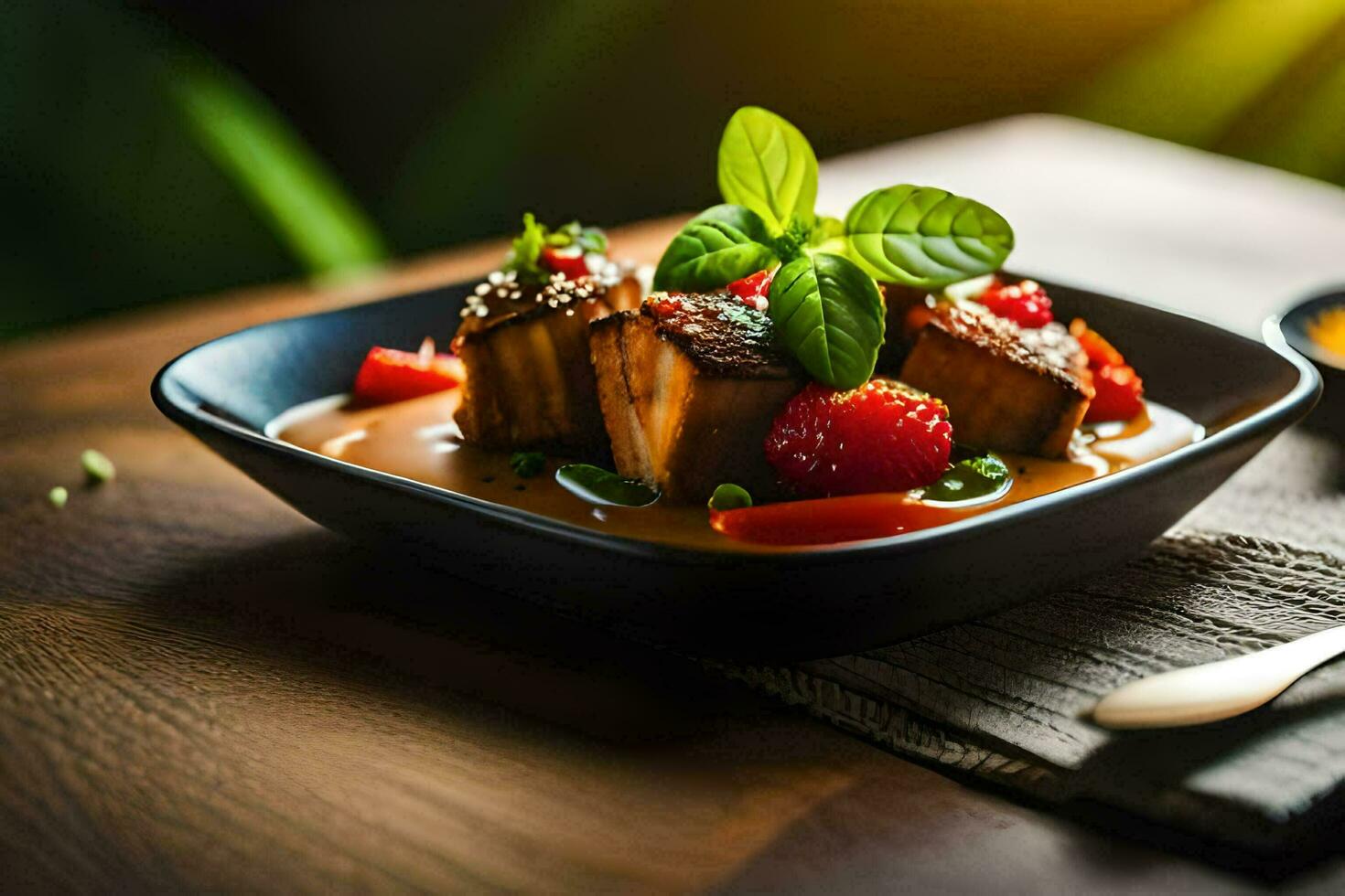 a plate of food with meat and vegetables. AI-Generated photo