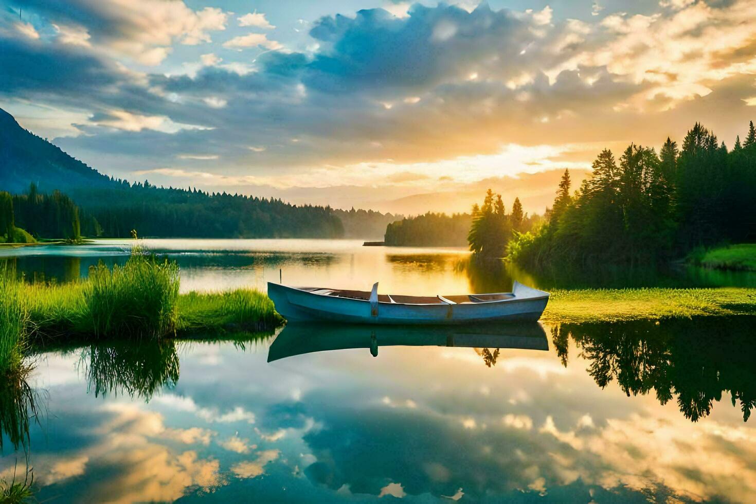 the boat is on the lake at sunset. AI-Generated photo
