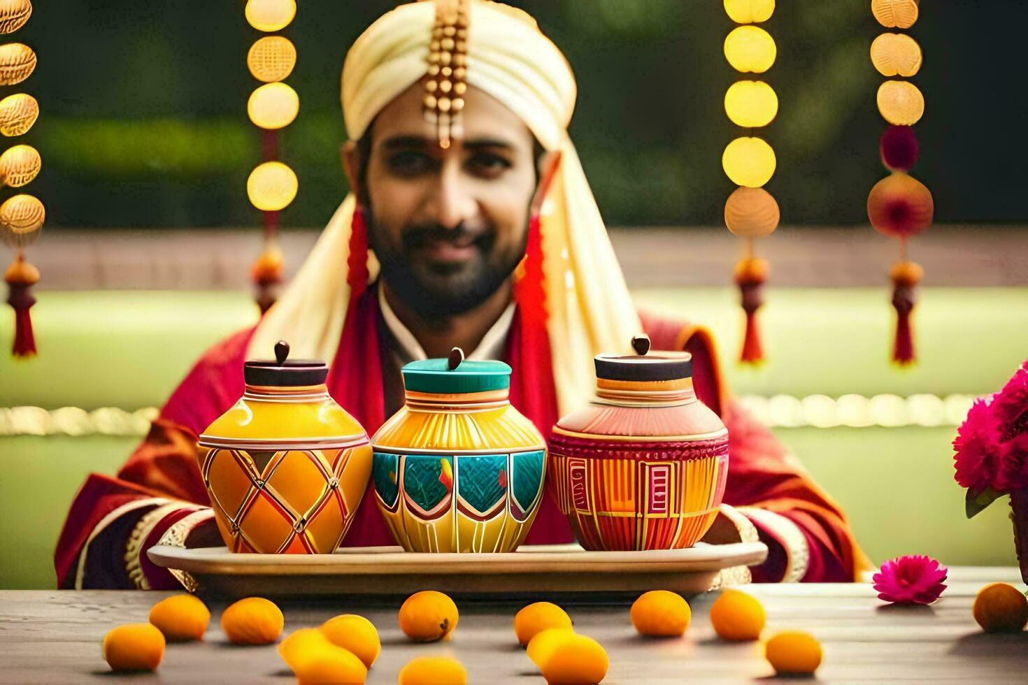 a man in traditional indian attire sits in front of three colorful pots. AI-Generated photo