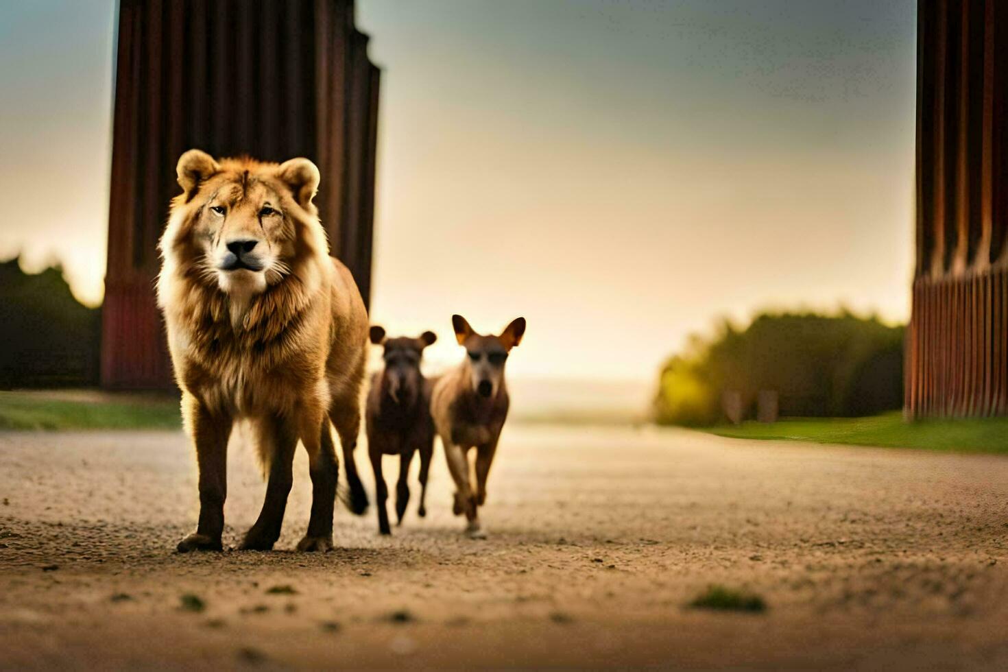 a lion and two dogs walking down a road. AI-Generated photo