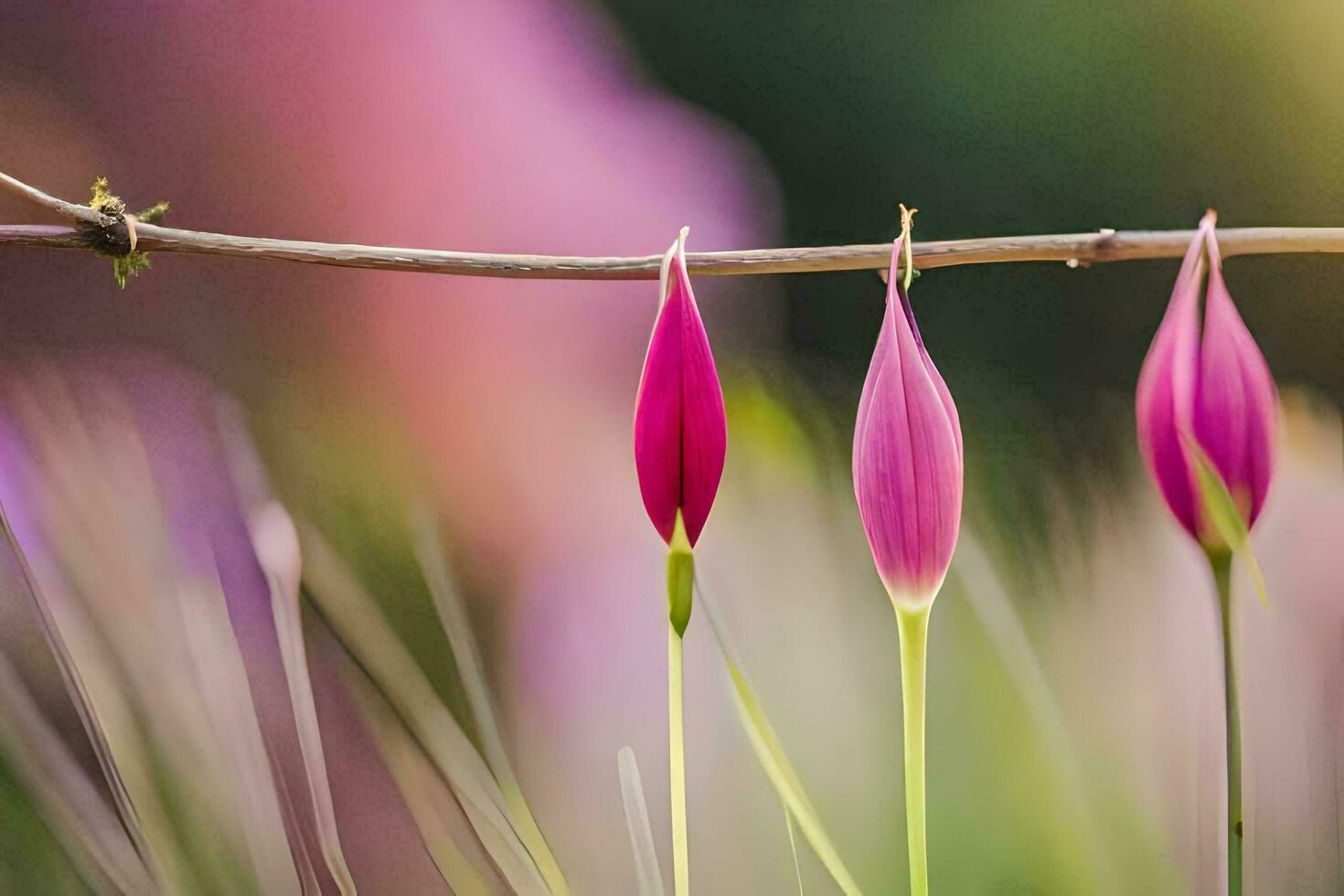 three pink flowers on a branch. AI-Generated photo