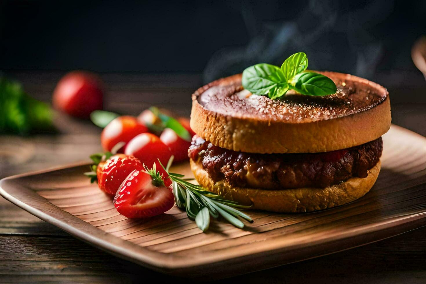 a hamburger with strawberries and mint on a wooden plate. AI-Generated photo