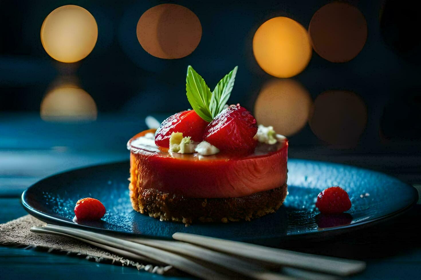 a dessert on a plate with strawberries and mint. AI-Generated photo