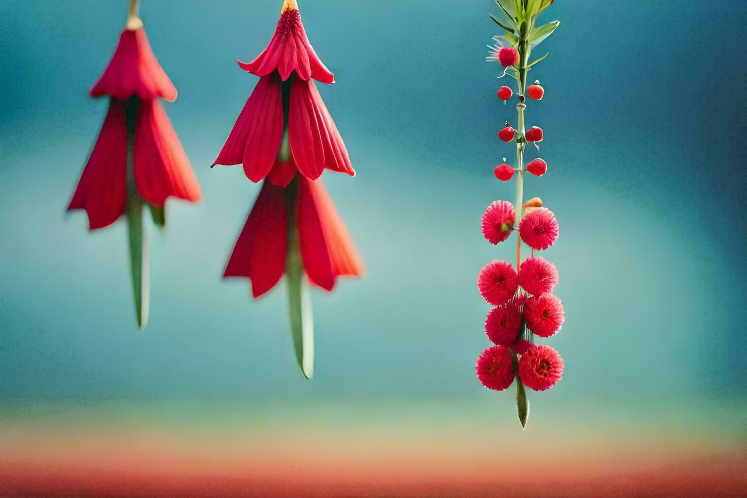 red flowers hanging from a string. AI-Generated photo