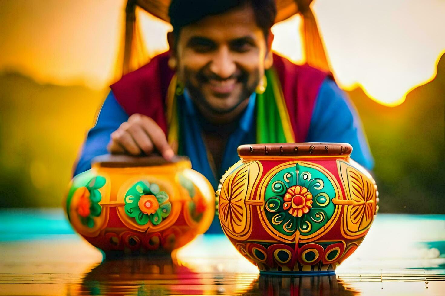 a man smiles while holding two colorful pots. AI-Generated photo