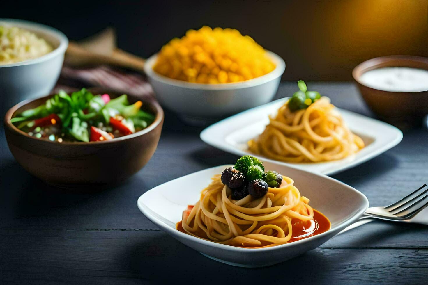 spaghetti and other dishes on a table. AI-Generated photo