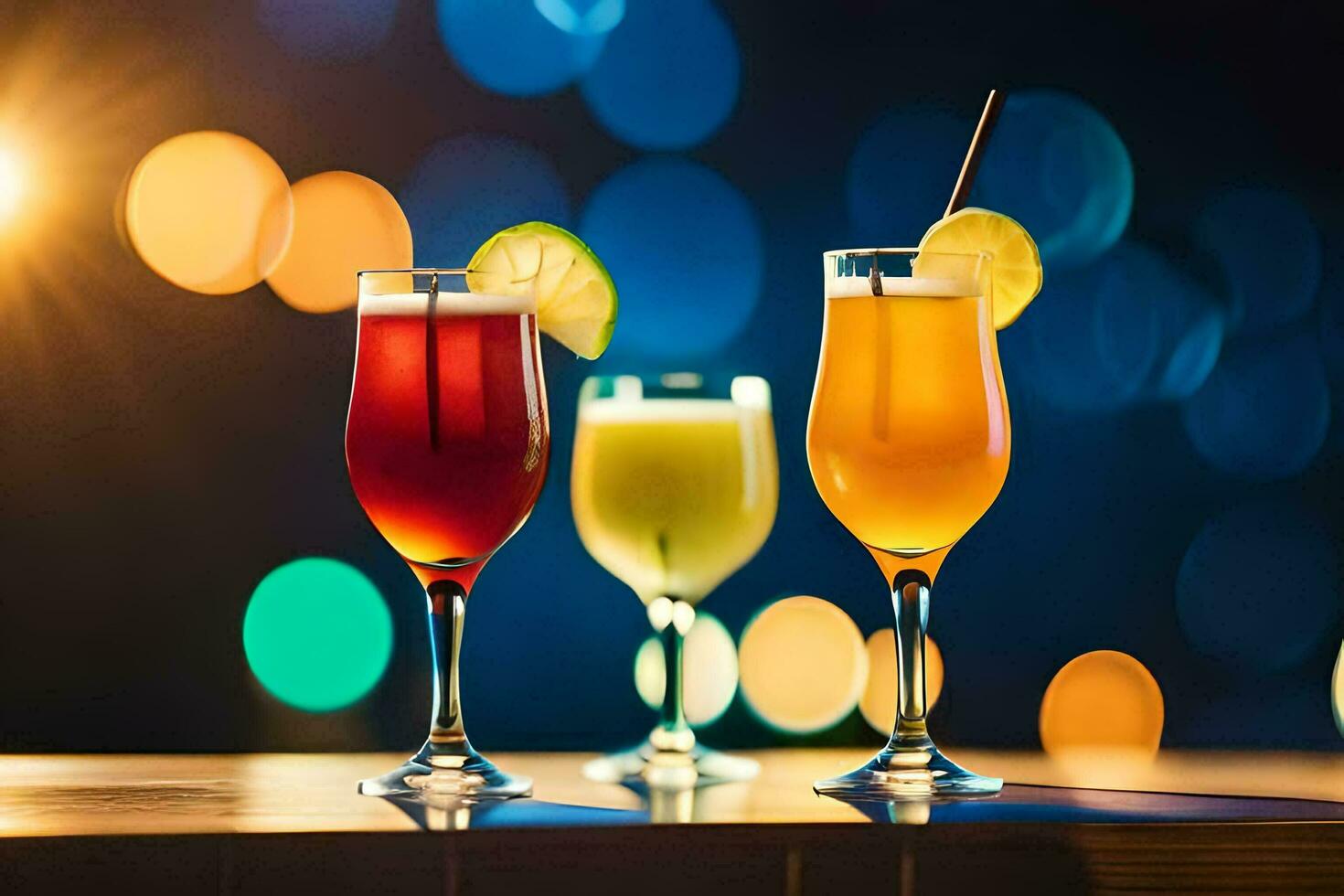 three different drinks are sitting on a table. AI-Generated photo