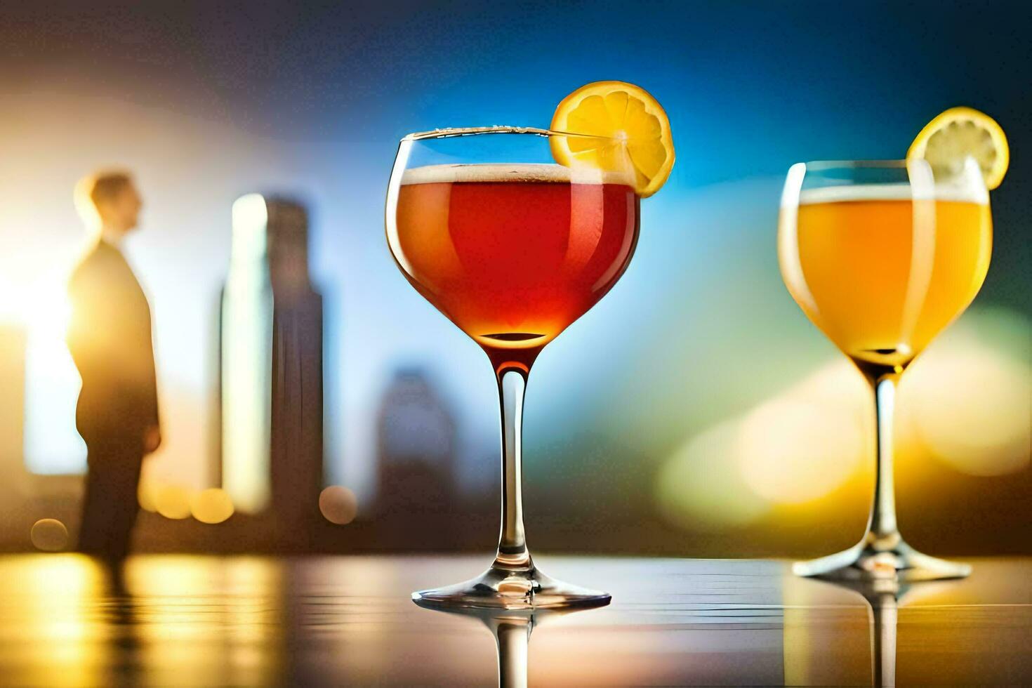 two glasses of wine with a man in the background. AI-Generated photo
