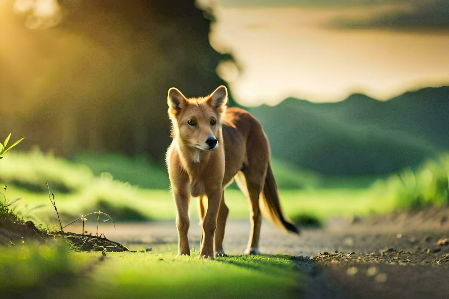 a dog walking on a road in the sunset. AI-Generated photo