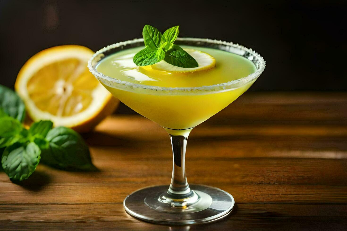 a cocktail with lemon and mint on a wooden table. AI-Generated photo