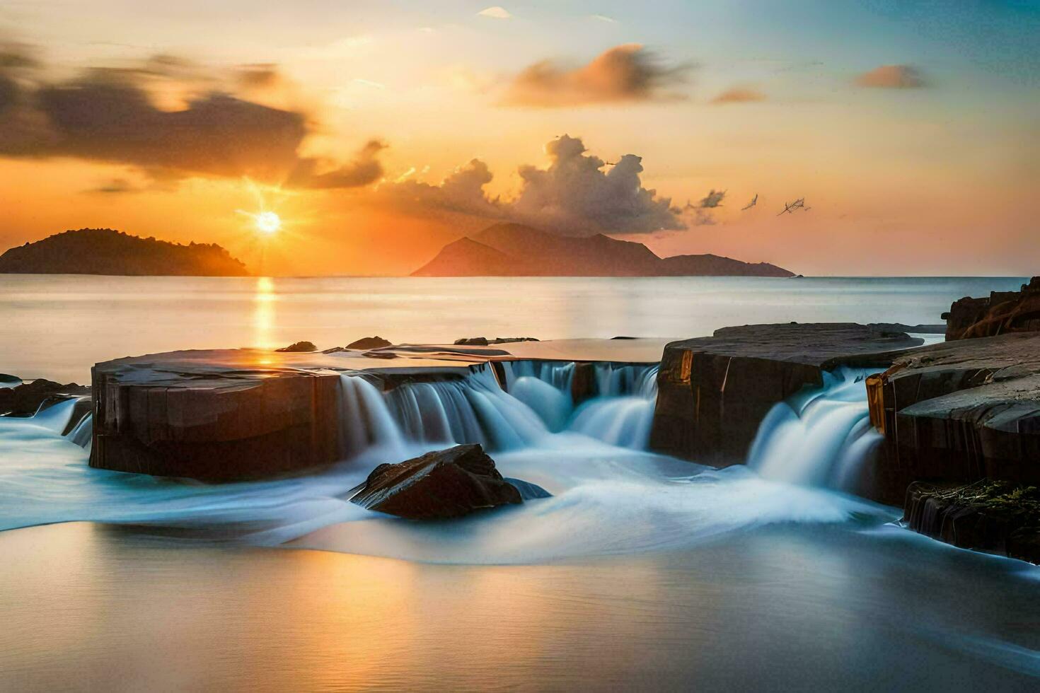 a beautiful sunset over the ocean with waterfalls. AI-Generated photo