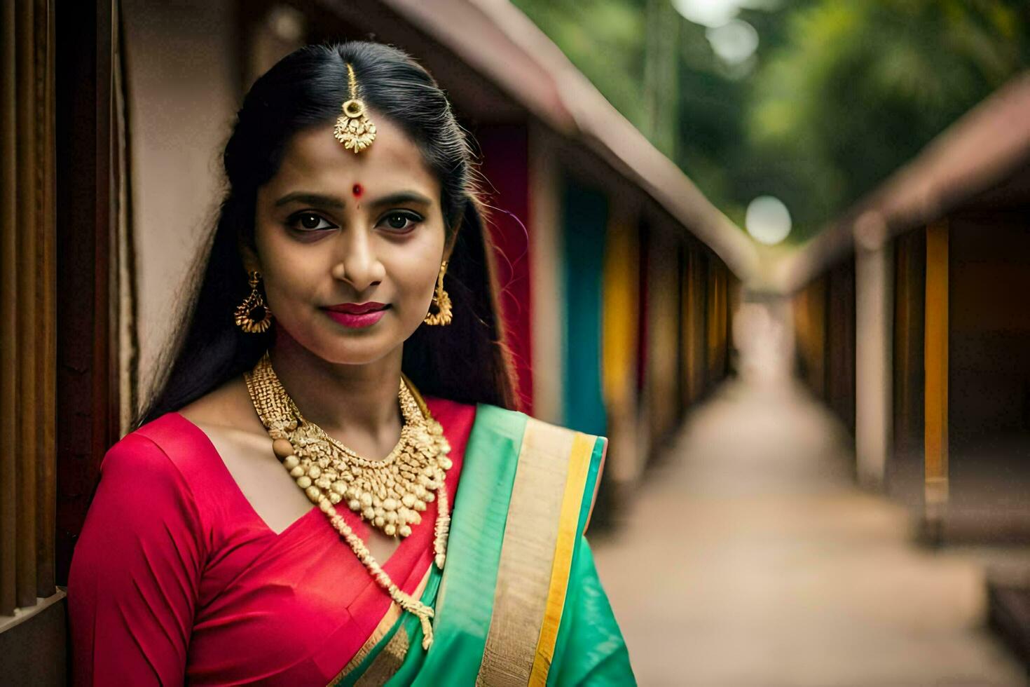 a beautiful indian woman in a red sari. AI-Generated photo