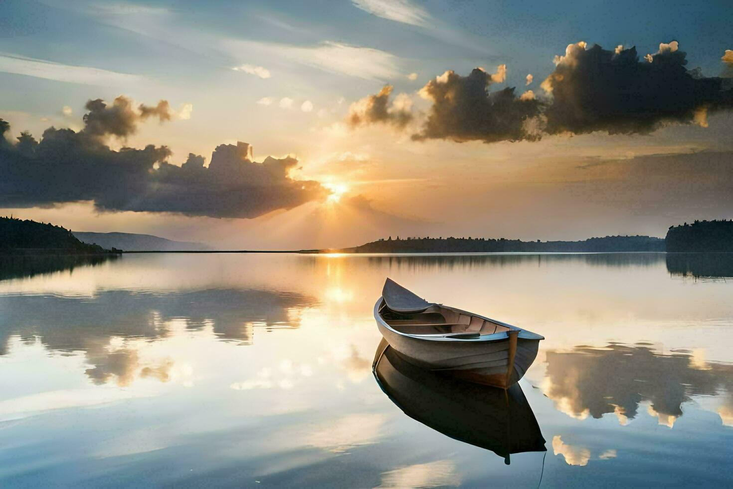 a boat is floating on the calm water at sunset. AI-Generated photo