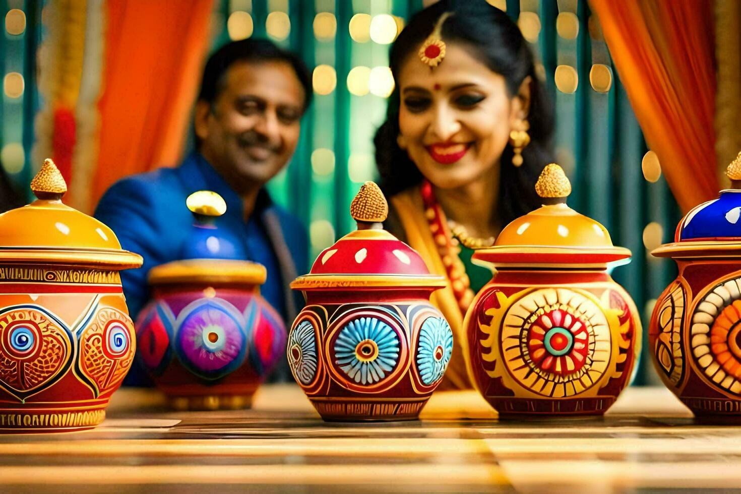 a couple is sitting in front of colorful pots. AI-Generated photo