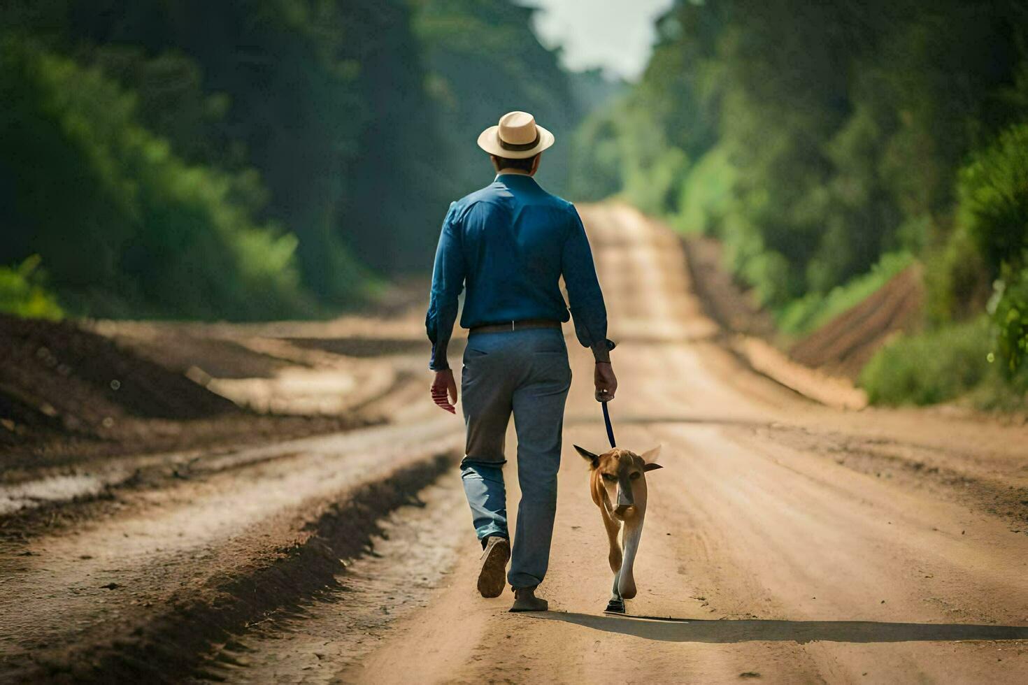 un hombre caminando su perro abajo un suciedad la carretera. generado por ai foto