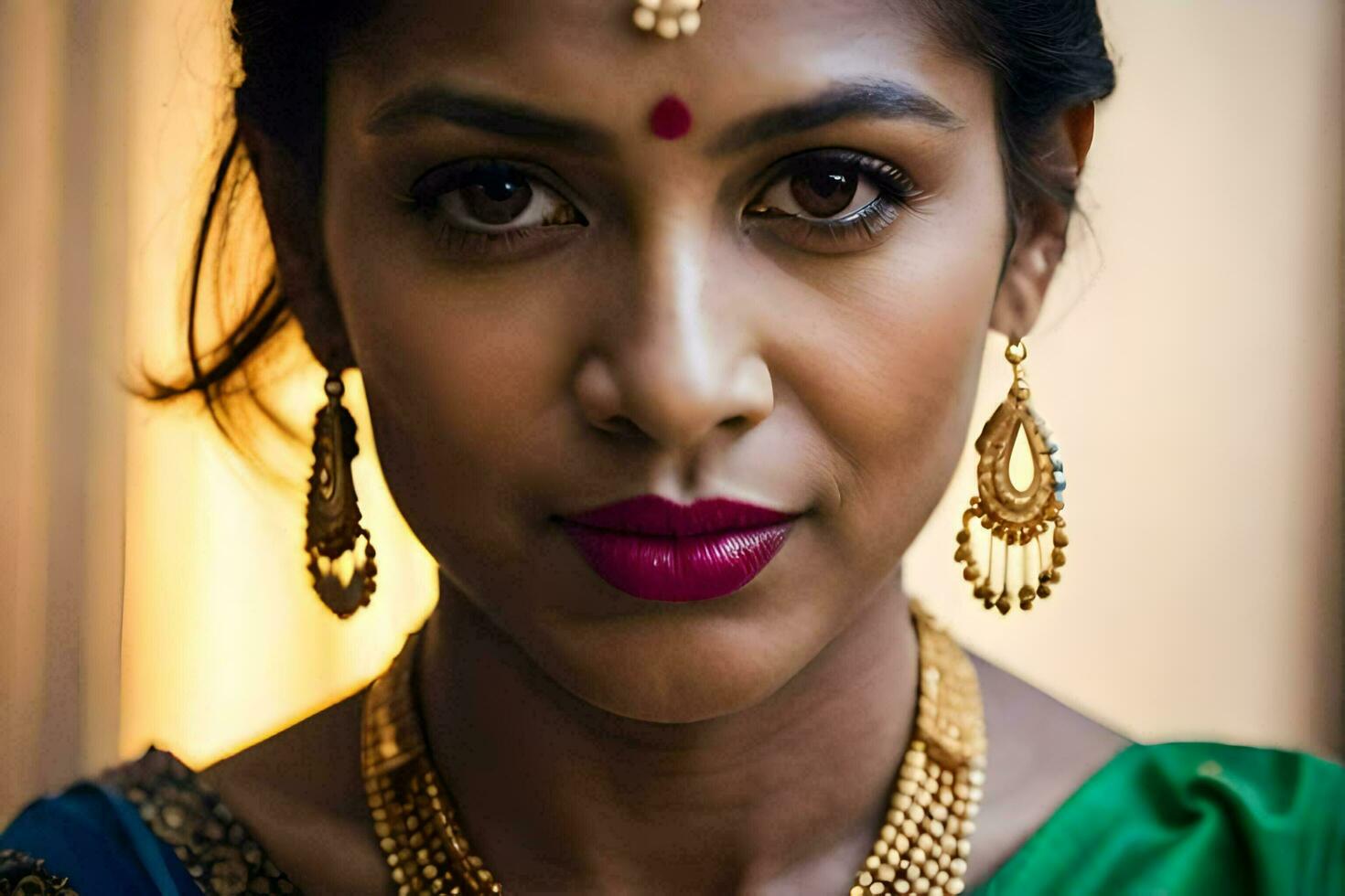 a woman wearing a traditional sari and gold jewelry. AI-Generated photo