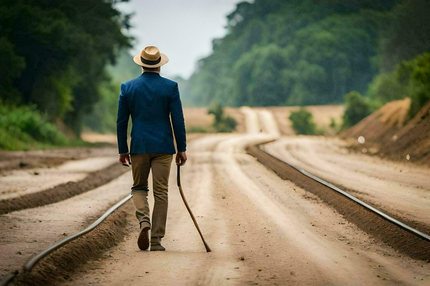 a man in a suit and hat walking down a dirt road. AI-Generated photo