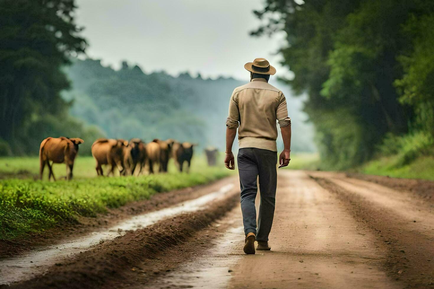 a man walking down a dirt road with cows in the background. AI-Generated photo