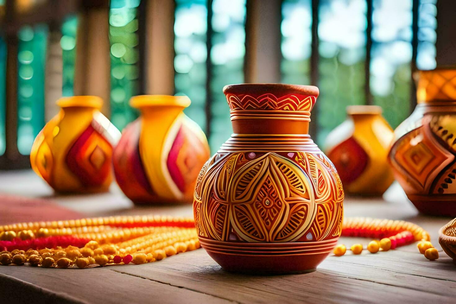 many colorful vases are sitting on a table. AI-Generated photo
