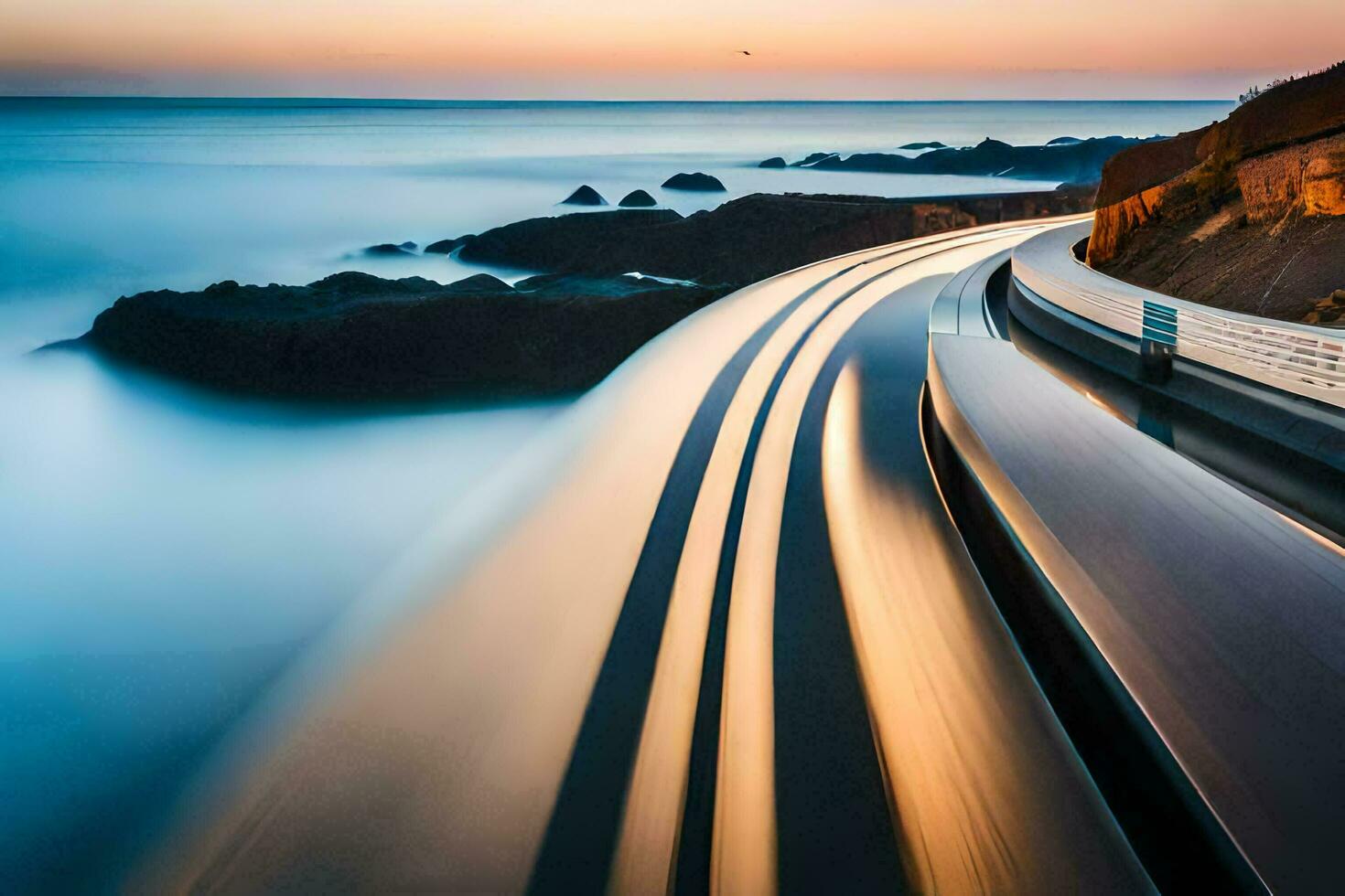 a long exposure photograph of a highway with a car driving on it. AI-Generated photo