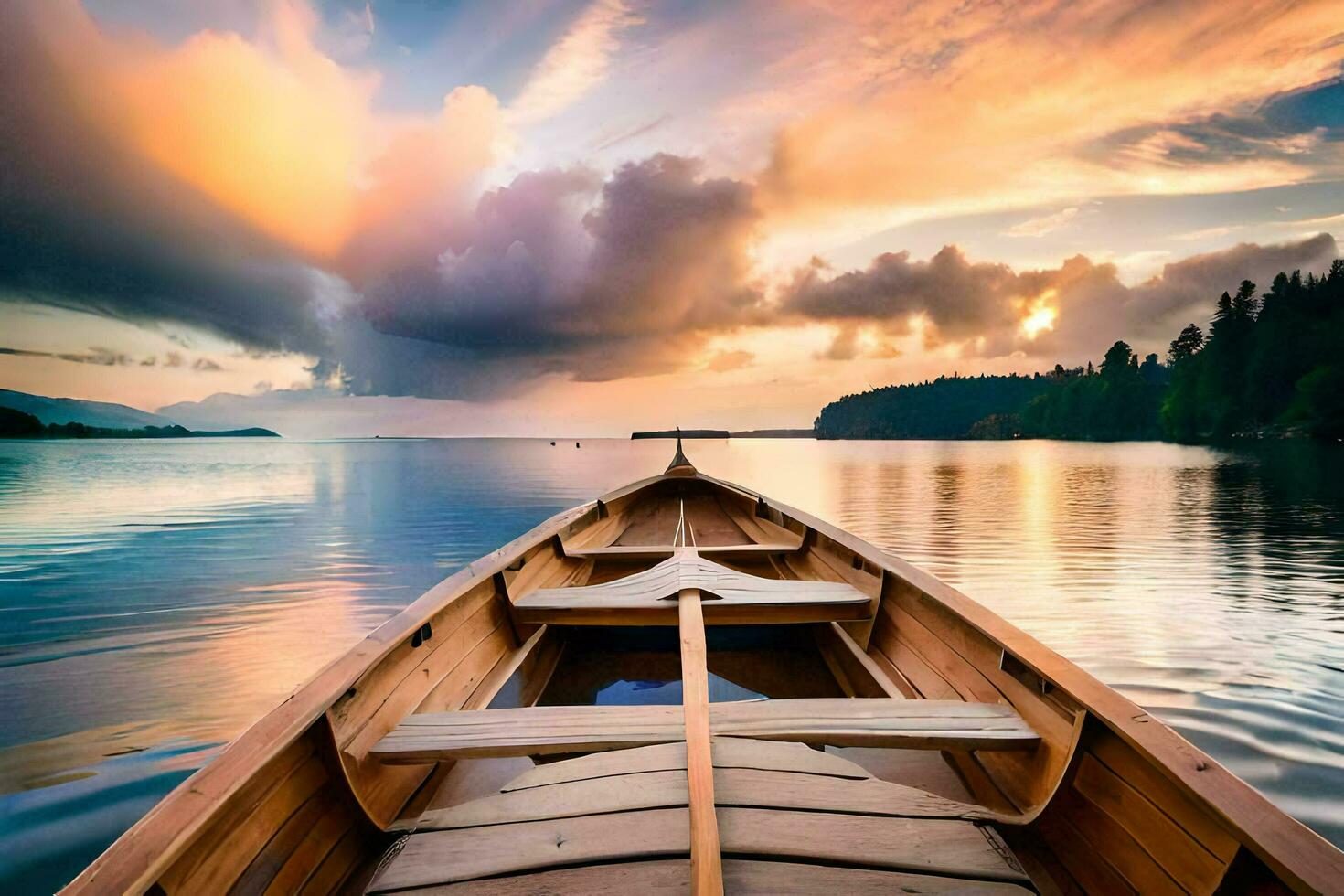 a wooden boat on the water at sunset. AI-Generated photo