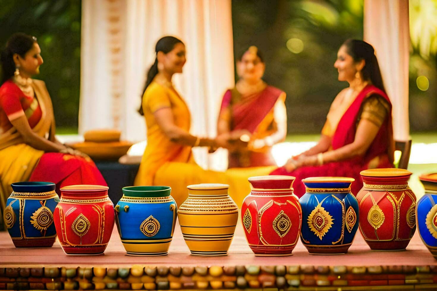 a group of women in saris sitting around colorful pots. AI-Generated photo