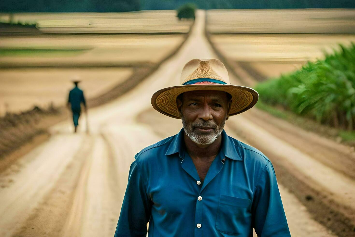 a man in a hat standing on a dirt road. AI-Generated photo