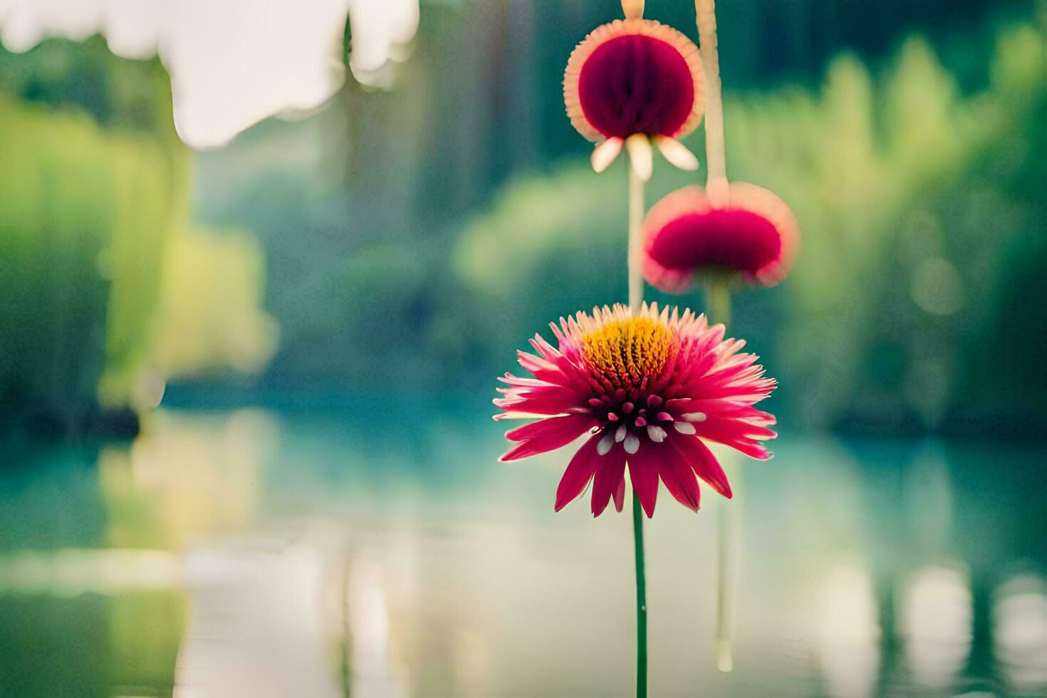a red flower is hanging from a string. AI-Generated photo