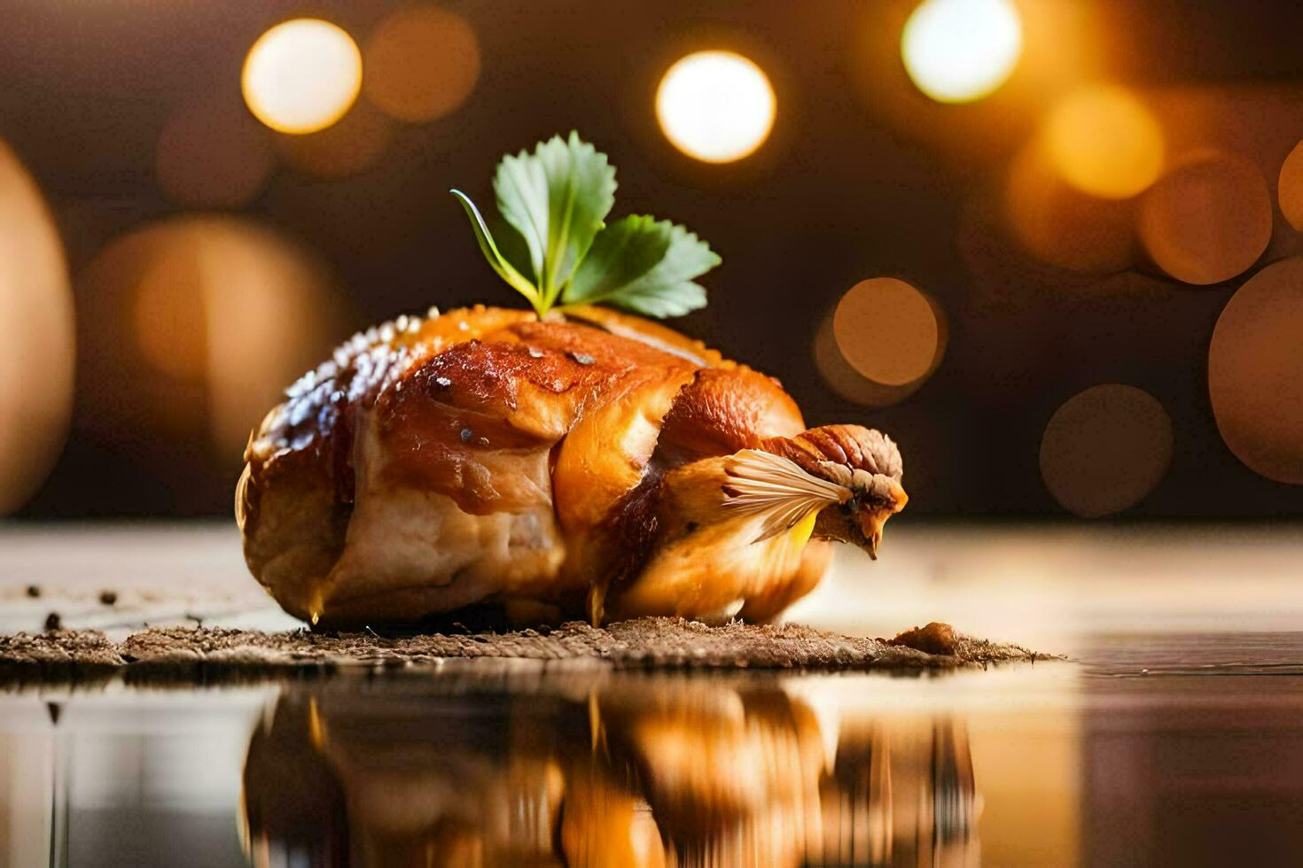 a chicken is sitting on a wooden table. AI-Generated photo