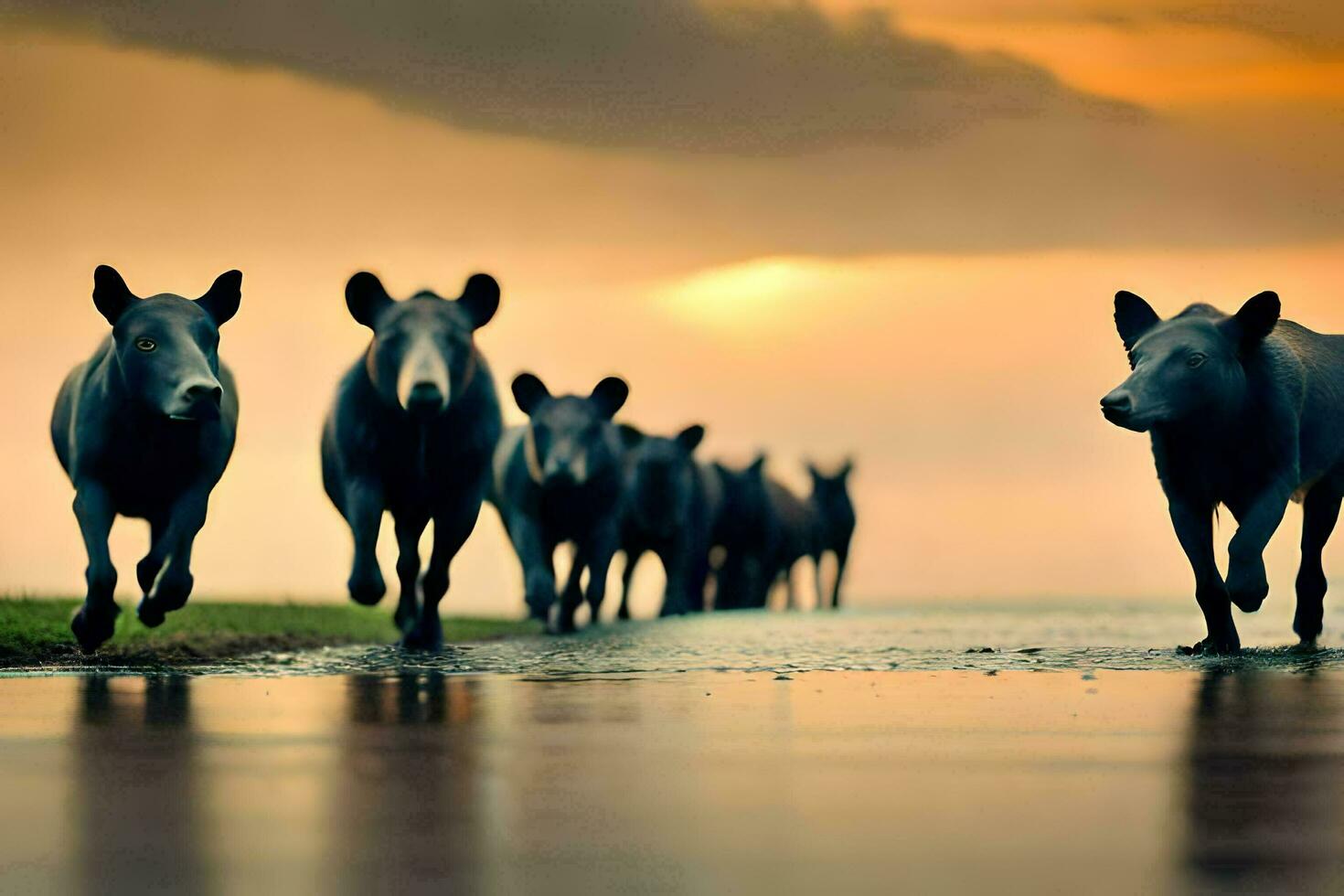 a herd of wild boars running across a road. AI-Generated photo