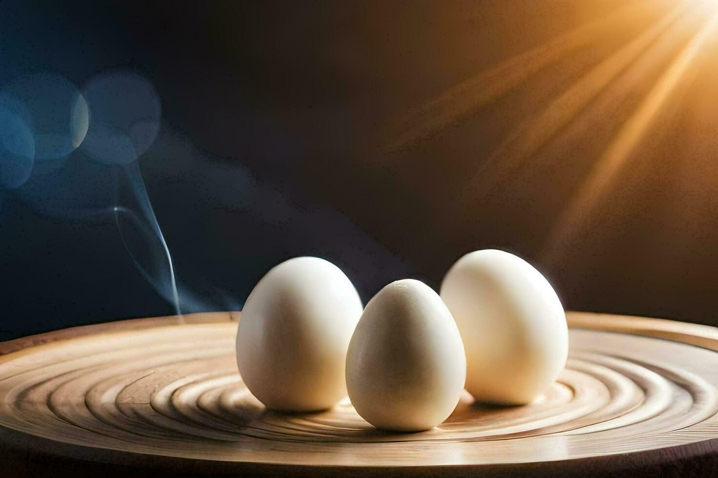 three eggs on a wooden plate with a sun in the background. AI-Generated photo
