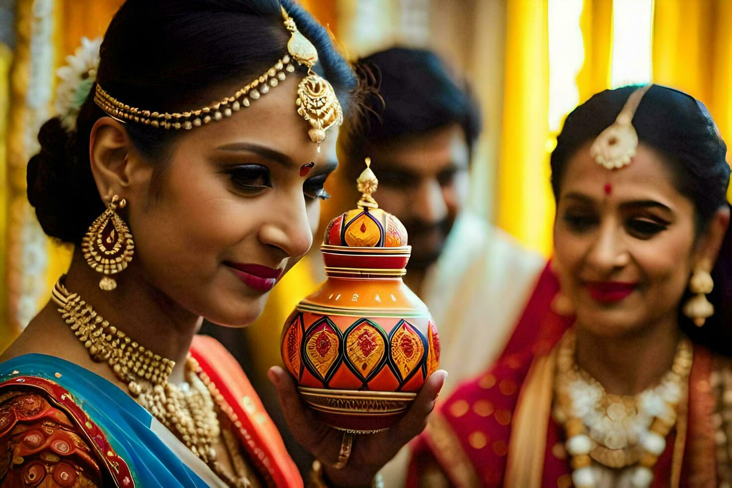 a woman in traditional indian attire holds a pot. AI-Generated photo