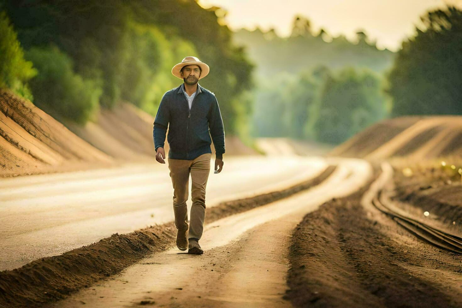 un hombre en un sombrero camina abajo un suciedad la carretera. generado por ai foto