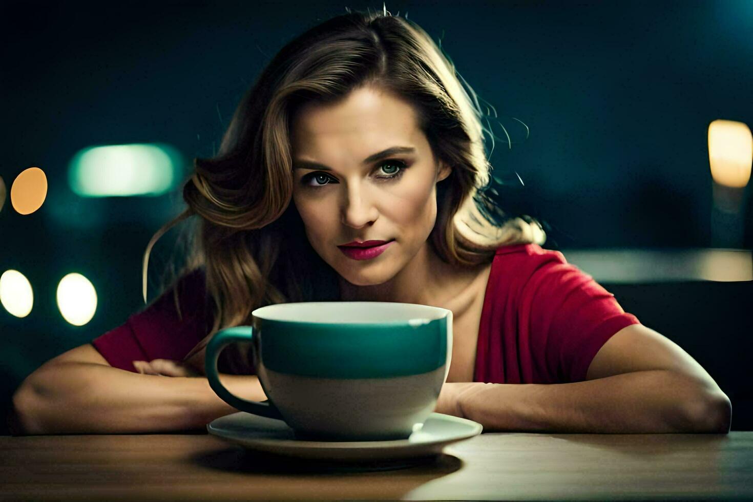 a woman sitting at a table with a cup of coffee. AI-Generated photo