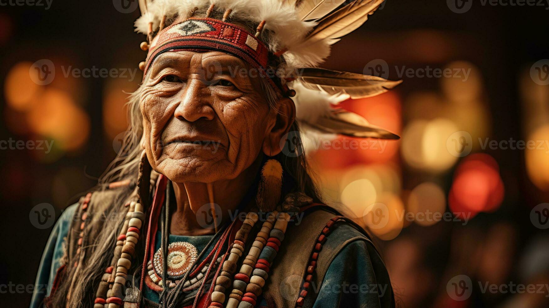 Native American tribal chief in traditional ceremonial regalia performing ancestral dance photo