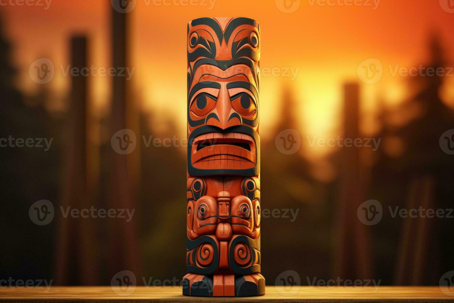 A carved Native American totem isolated on a sunset gradient background photo