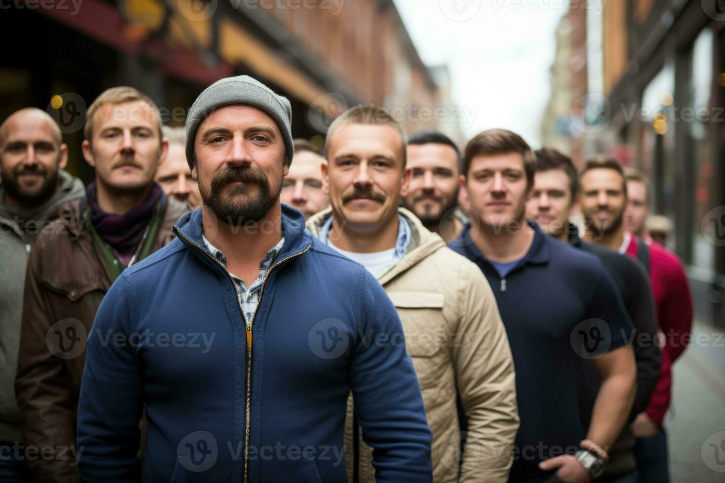 Large group of men participating in Movember charity walk in city photo