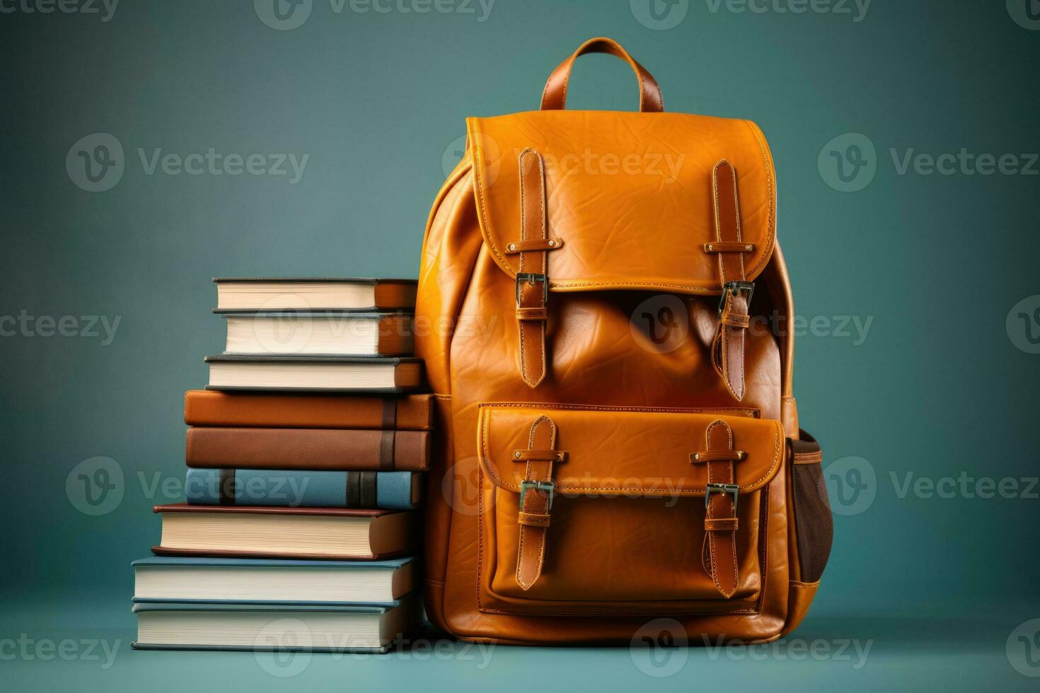 Books and backpack symbolizing education outreach isolated on a gradient background photo