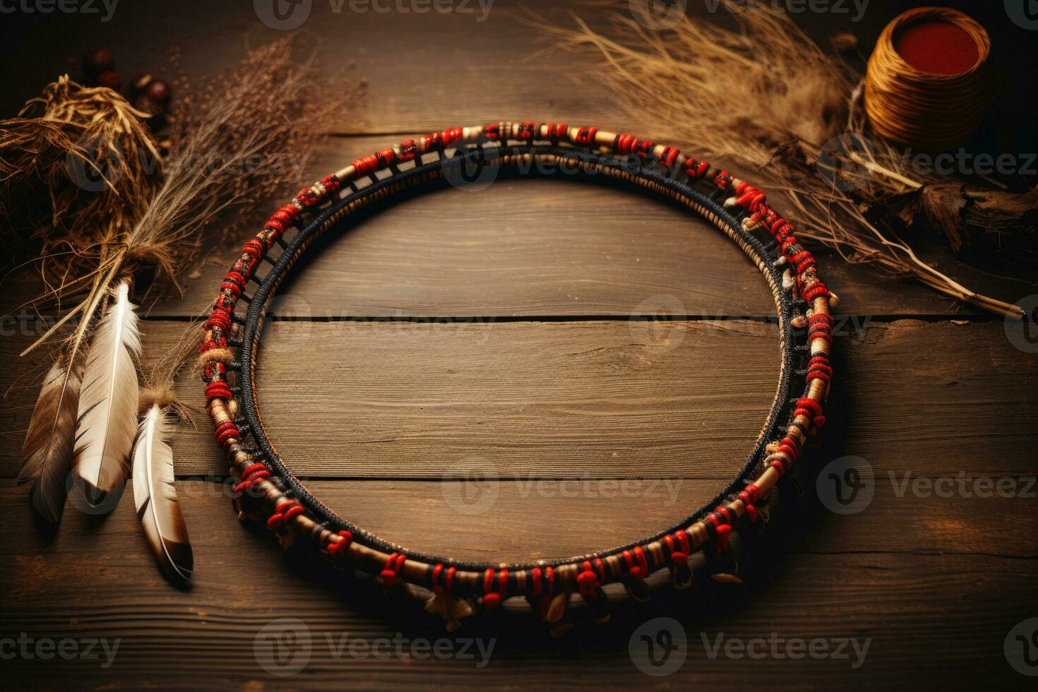 Ceremonial Native American dance circle authentic attire background with empty space for text photo