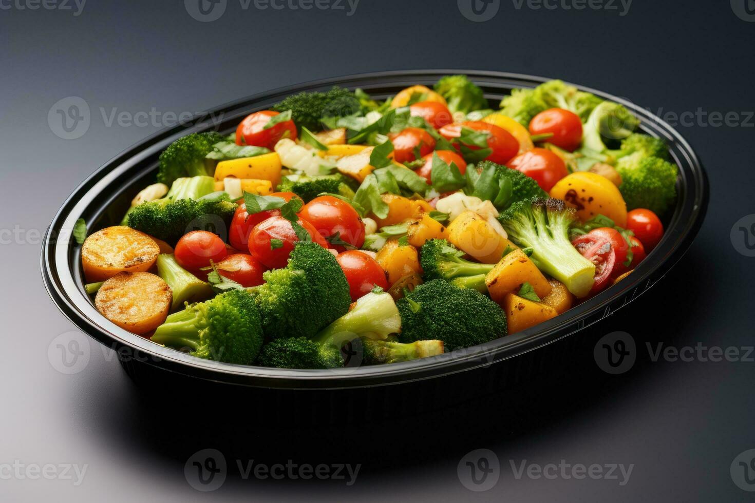 A nutritious diabetic friendly meal with vegetables isolated on a gradient background photo