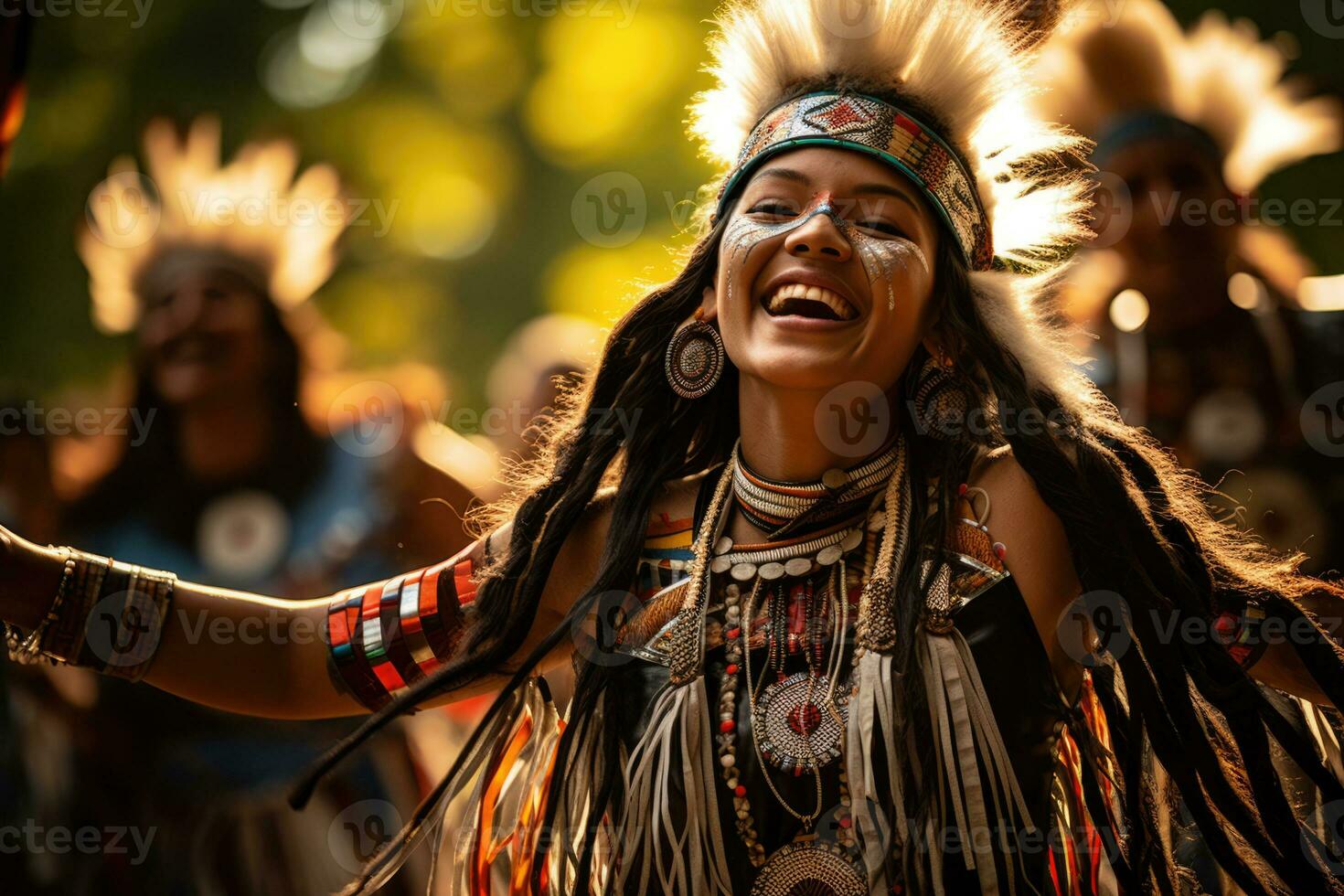 Pow Wow dancers in colorful regalia honoring heritage during outdoor gathering photo