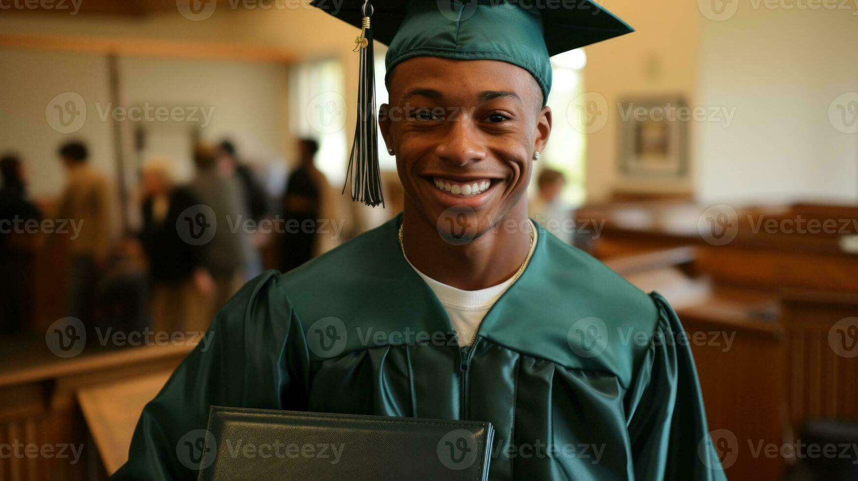 Homeless youth proudly displaying graduation cap after overcoming countless challenges photo