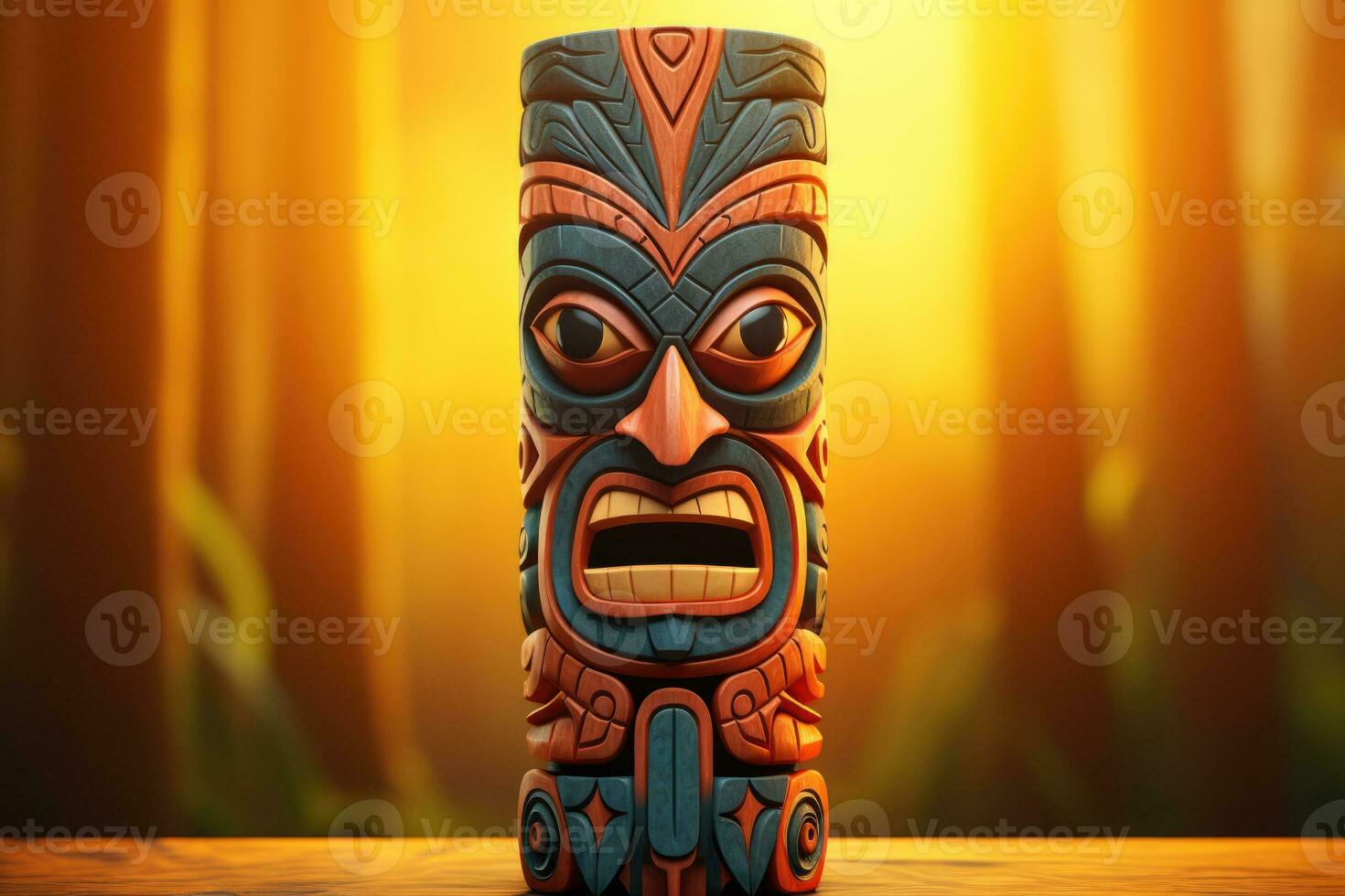 A carved Native American totem isolated on a sunset gradient background photo