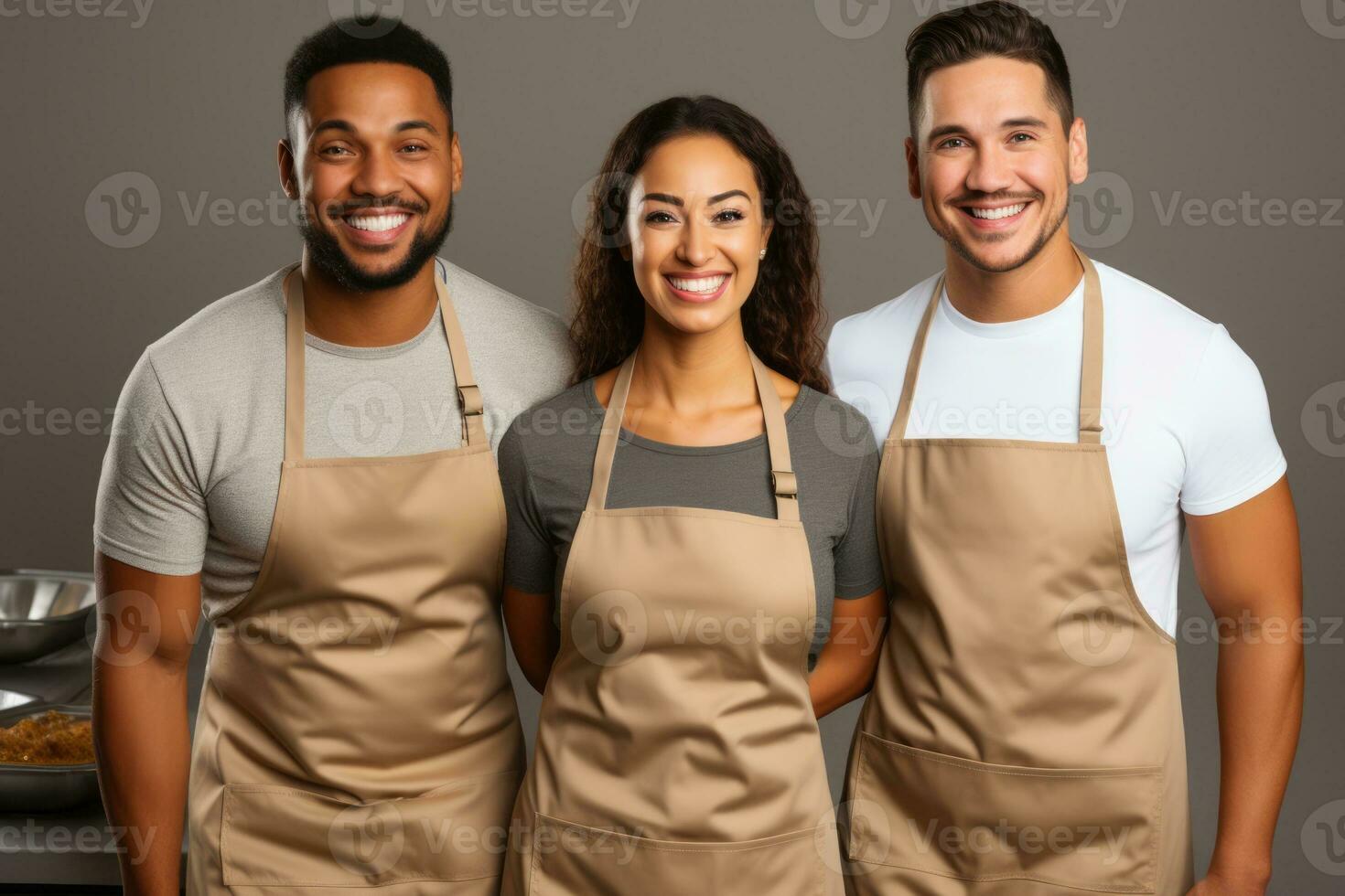 Group of volunteers serving food isolated on a gradient background photo