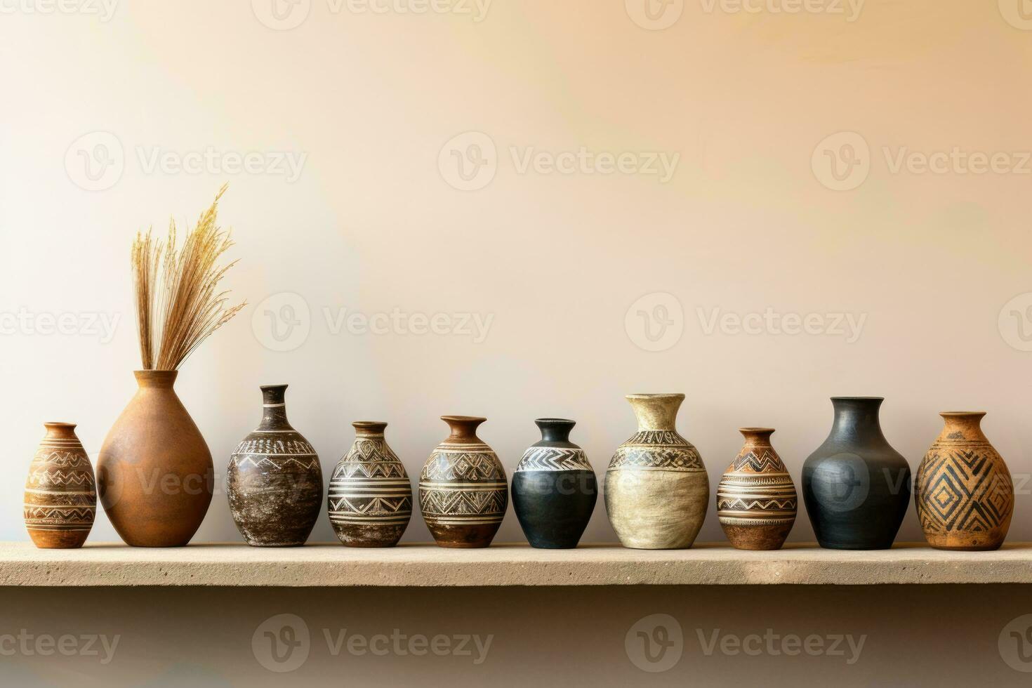 Historical Native American pottery display background with empty space for text photo