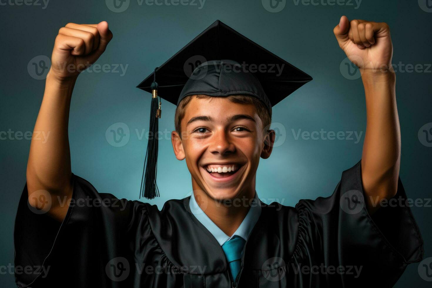 A triumphant youth holding a graduation cap isolated on a gradient background photo