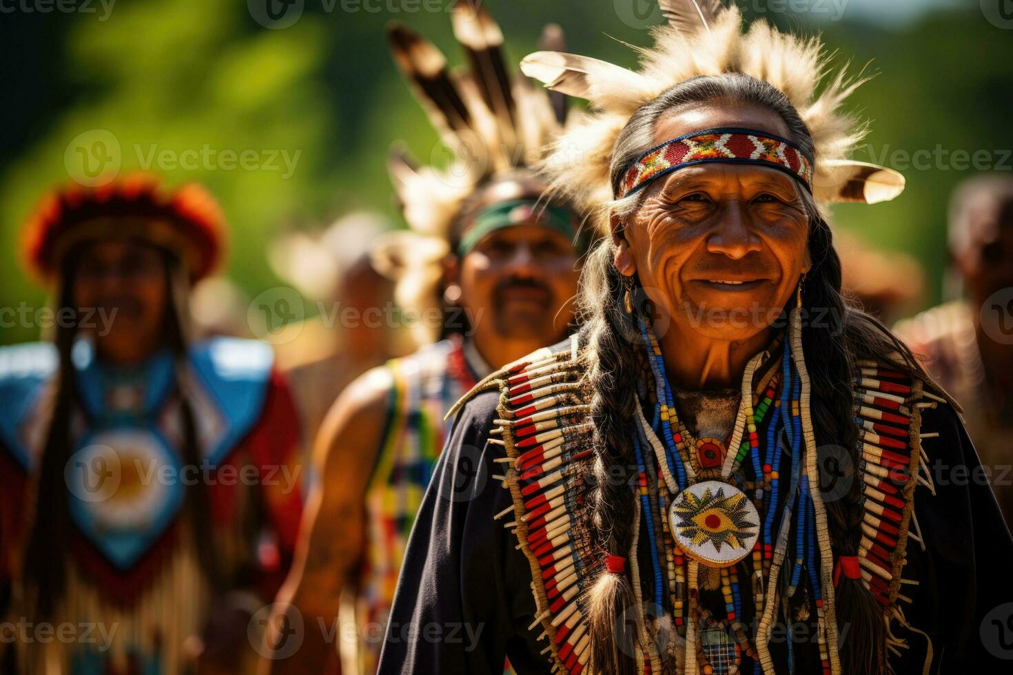 Pow Wow dancers in colorful regalia honoring heritage during outdoor gathering photo