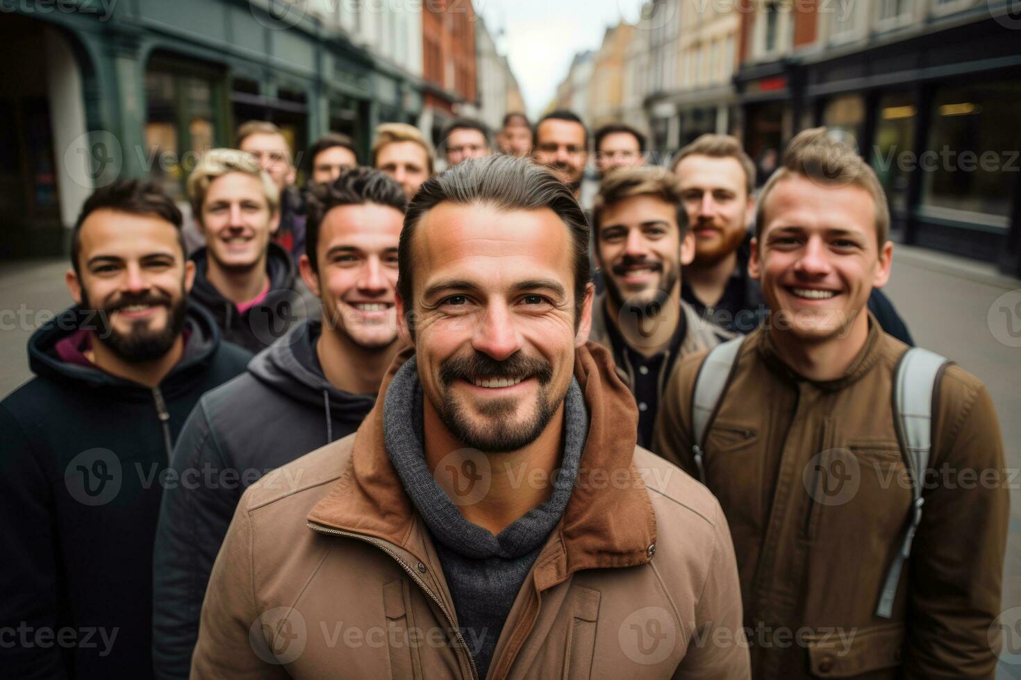 Large group of men participating in Movember charity walk in city photo