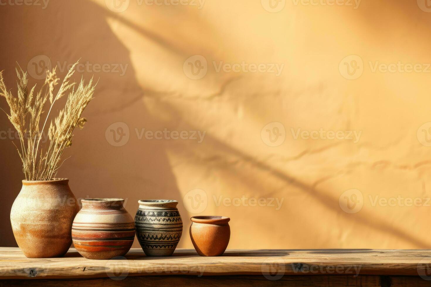 Historical Native American pottery display background with empty space for text photo